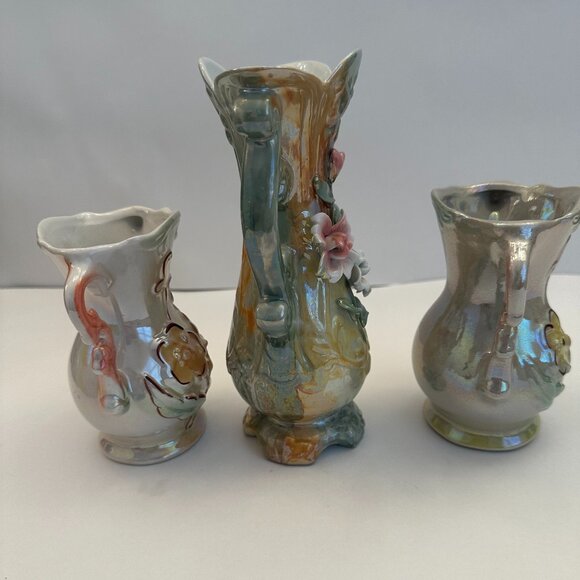 Vintage Three Glazed Floral Vases White Pink and Green - Picture 2 of 9